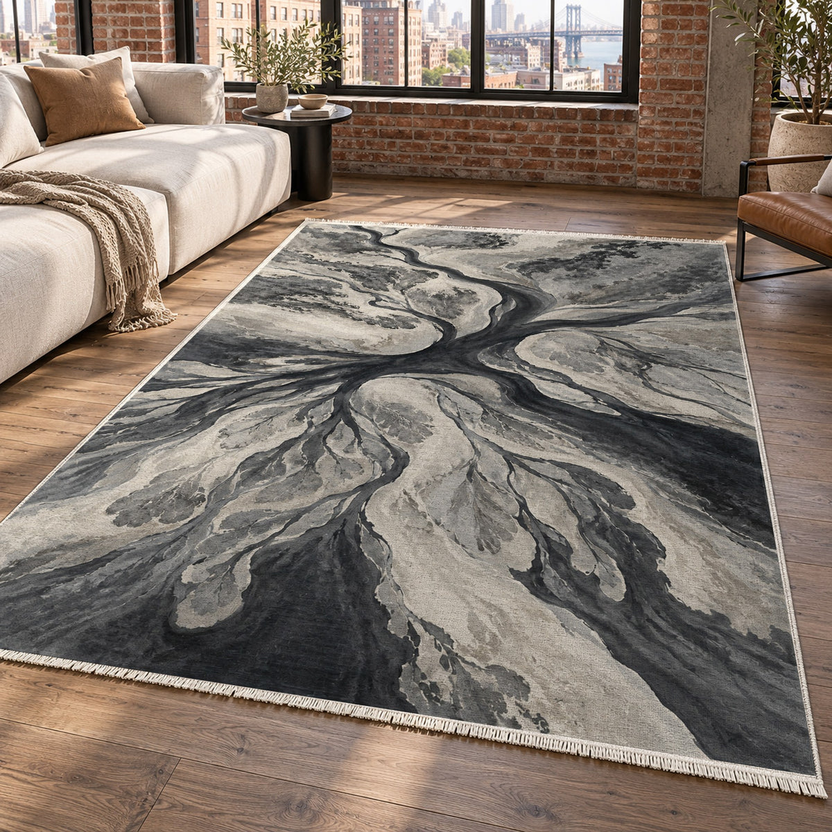 Estuary Fans Charcoal Abstract Washable Rug — new york living