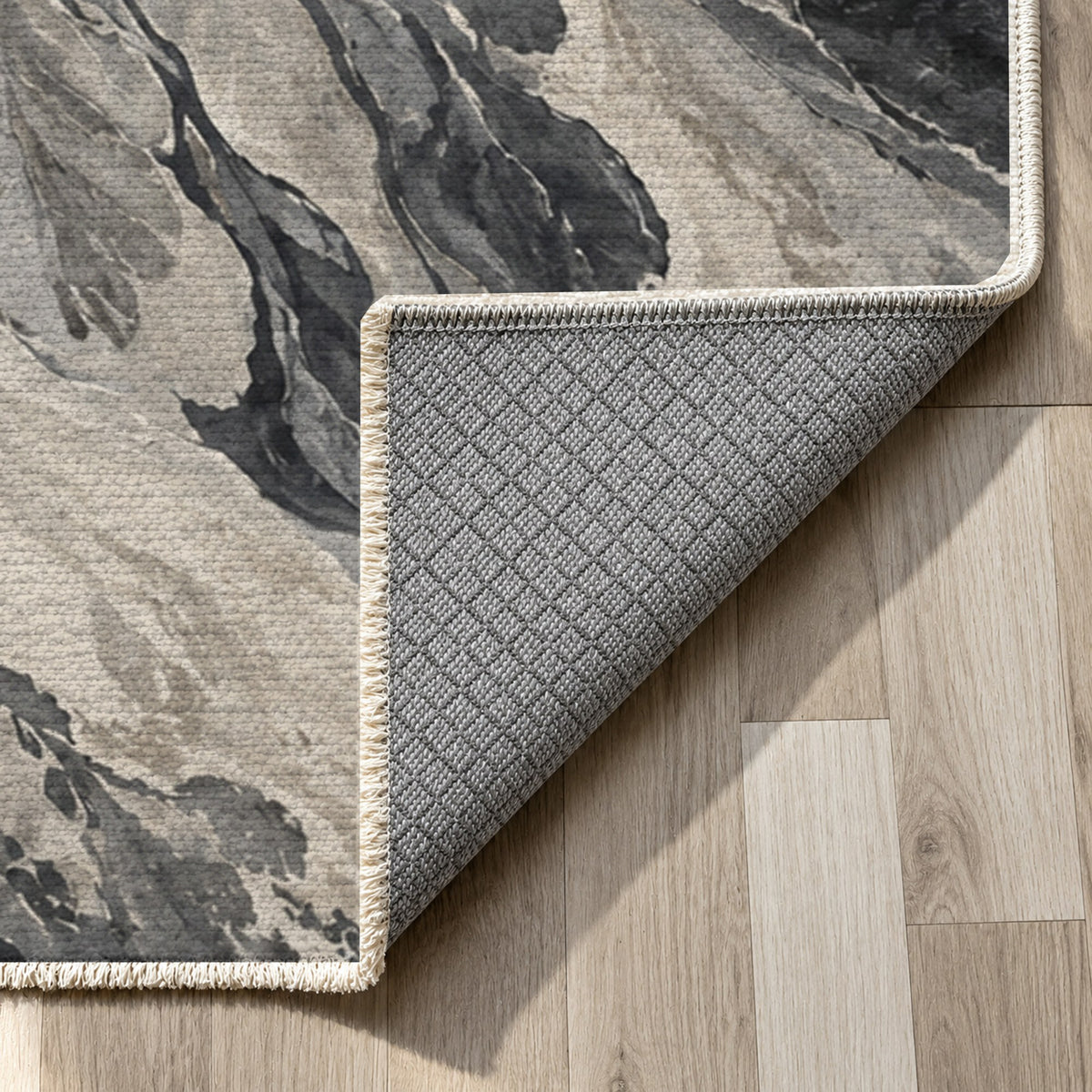 Estuary Fans Charcoal Abstract Washable Rug — backing close up