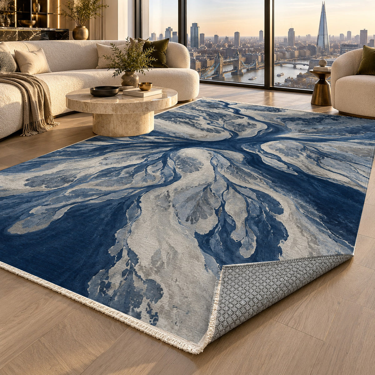 Estuary Fans Indigo Abstract Washable Rug — london luxury living