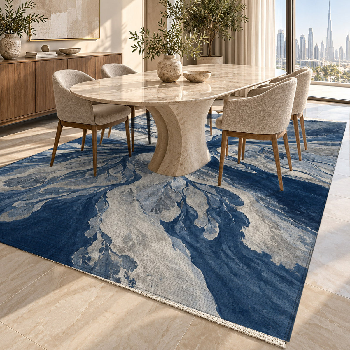 Estuary Fans Indigo Abstract Washable Rug — dubai dining