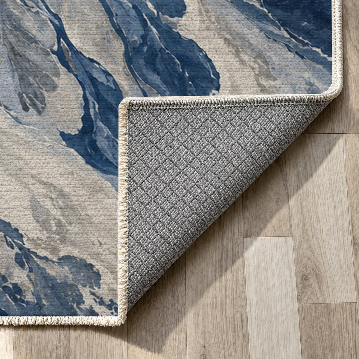 Estuary Fans Indigo Abstract Washable Rug — backing close up