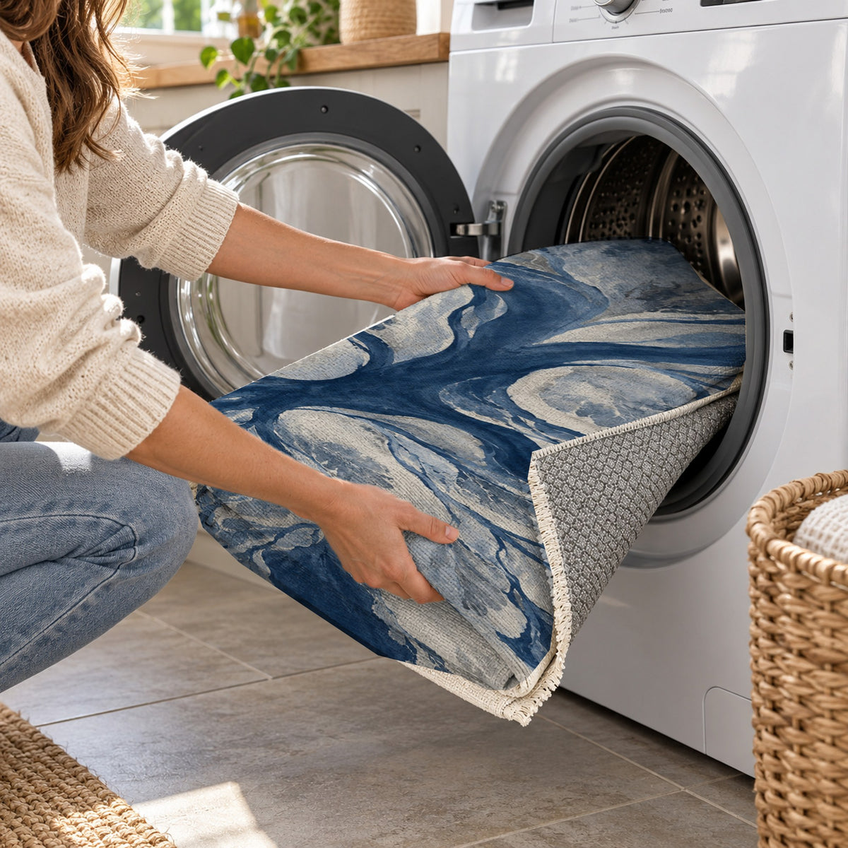 Estuary Fans Indigo Abstract Washable Rug — washing machine