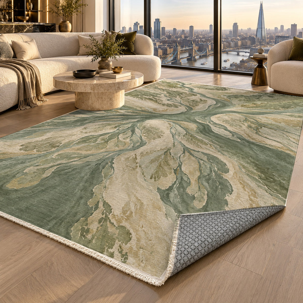 Estuary Fans Sage Abstract Washable Rug — london luxury living