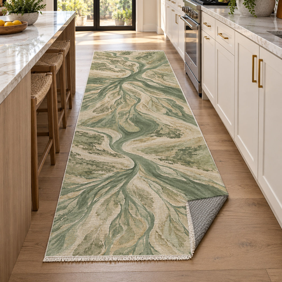 Estuary Fans Sage Abstract Washable Rug — new york kitchen runner
