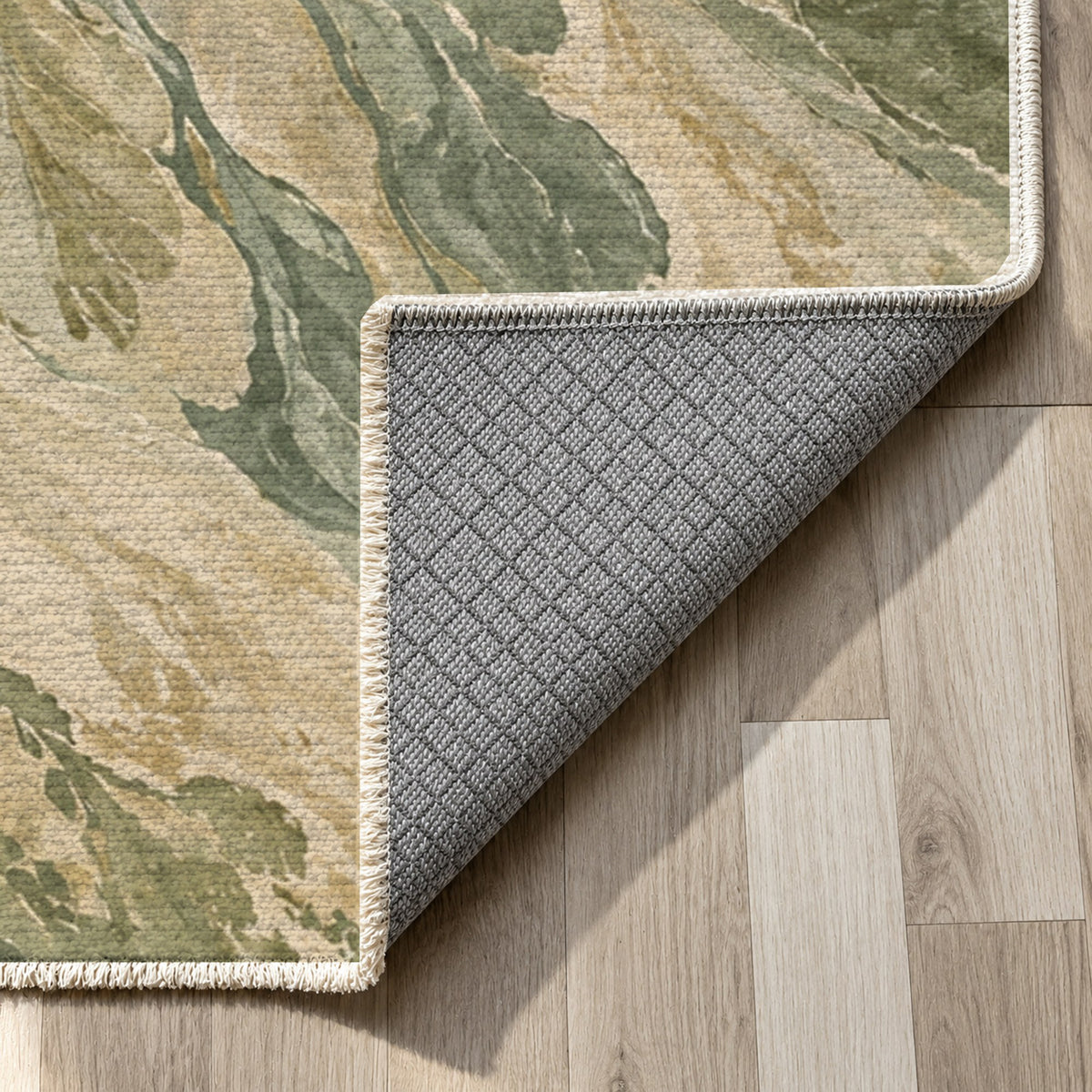 Estuary Fans Sage Abstract Washable Rug — backing close up