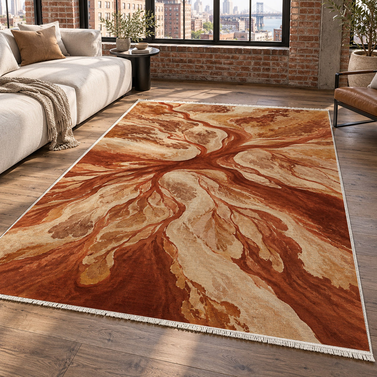 Estuary Fans Terracotta Abstract Washable Rug — new york living