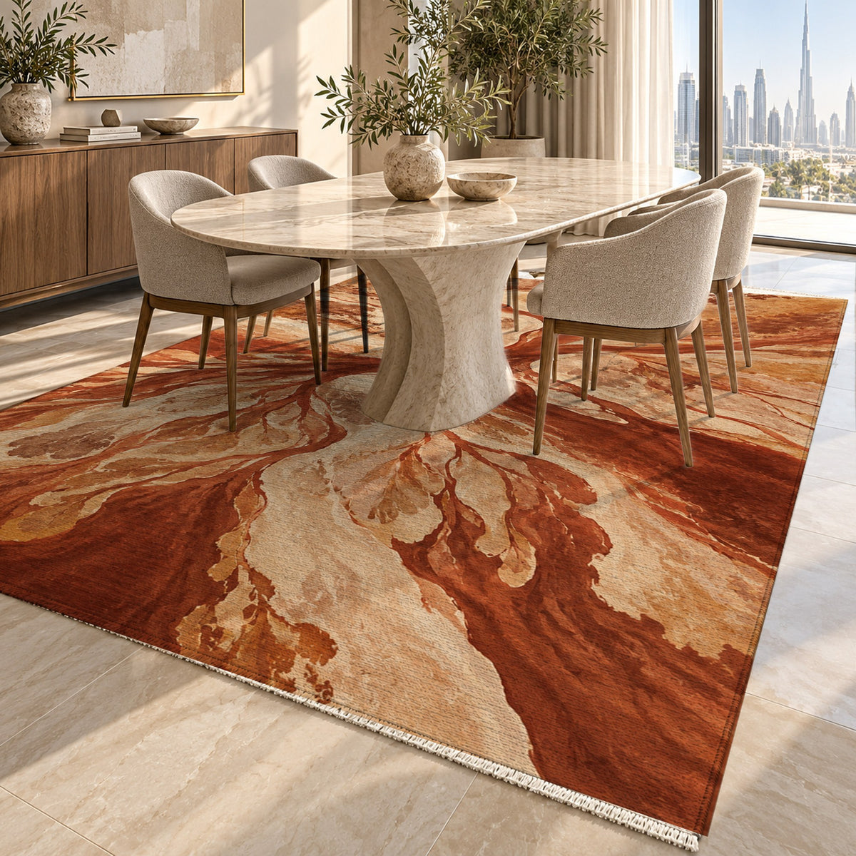 Estuary Fans Terracotta Abstract Washable Rug — dubai dining