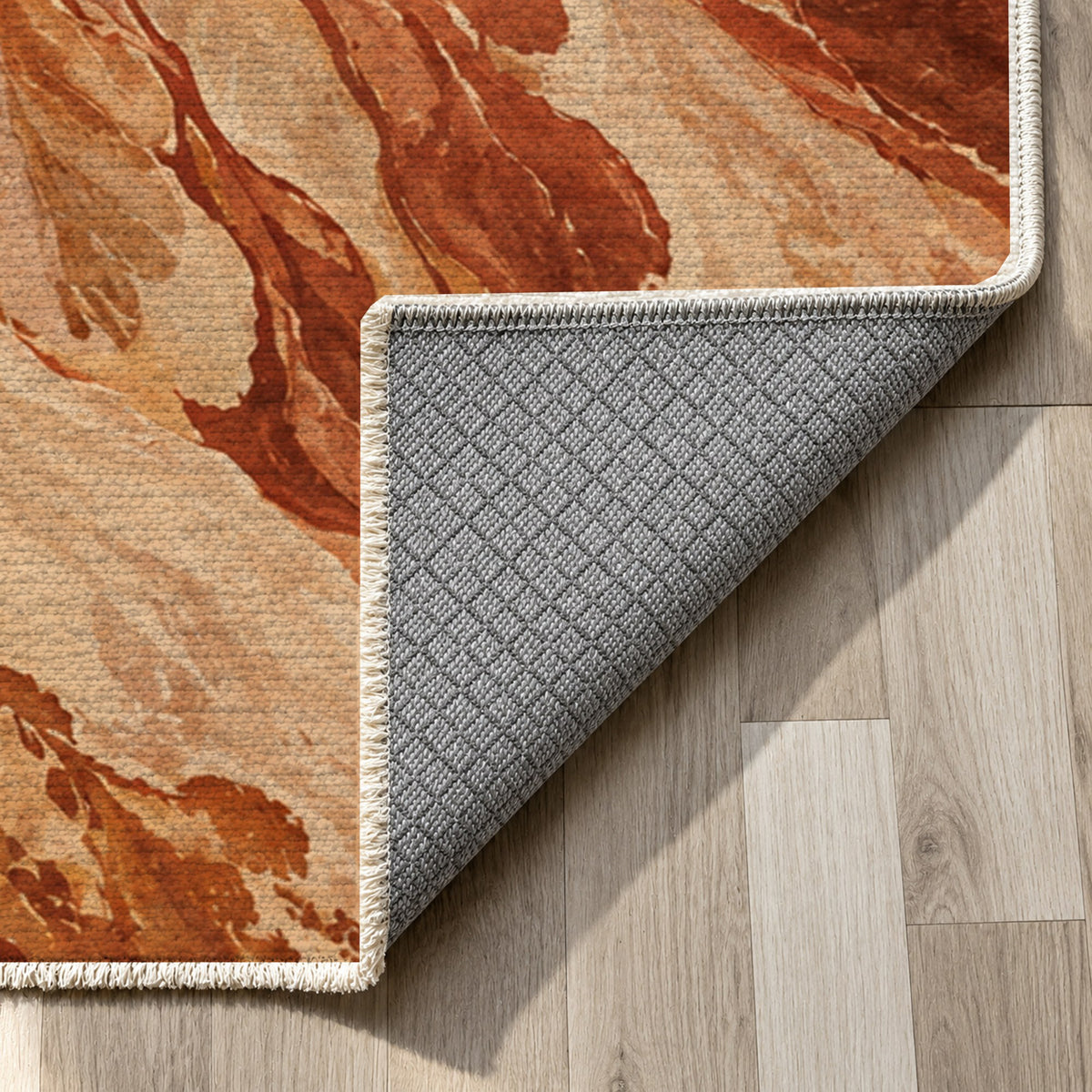 Estuary Fans Terracotta Abstract Washable Rug — backing close up