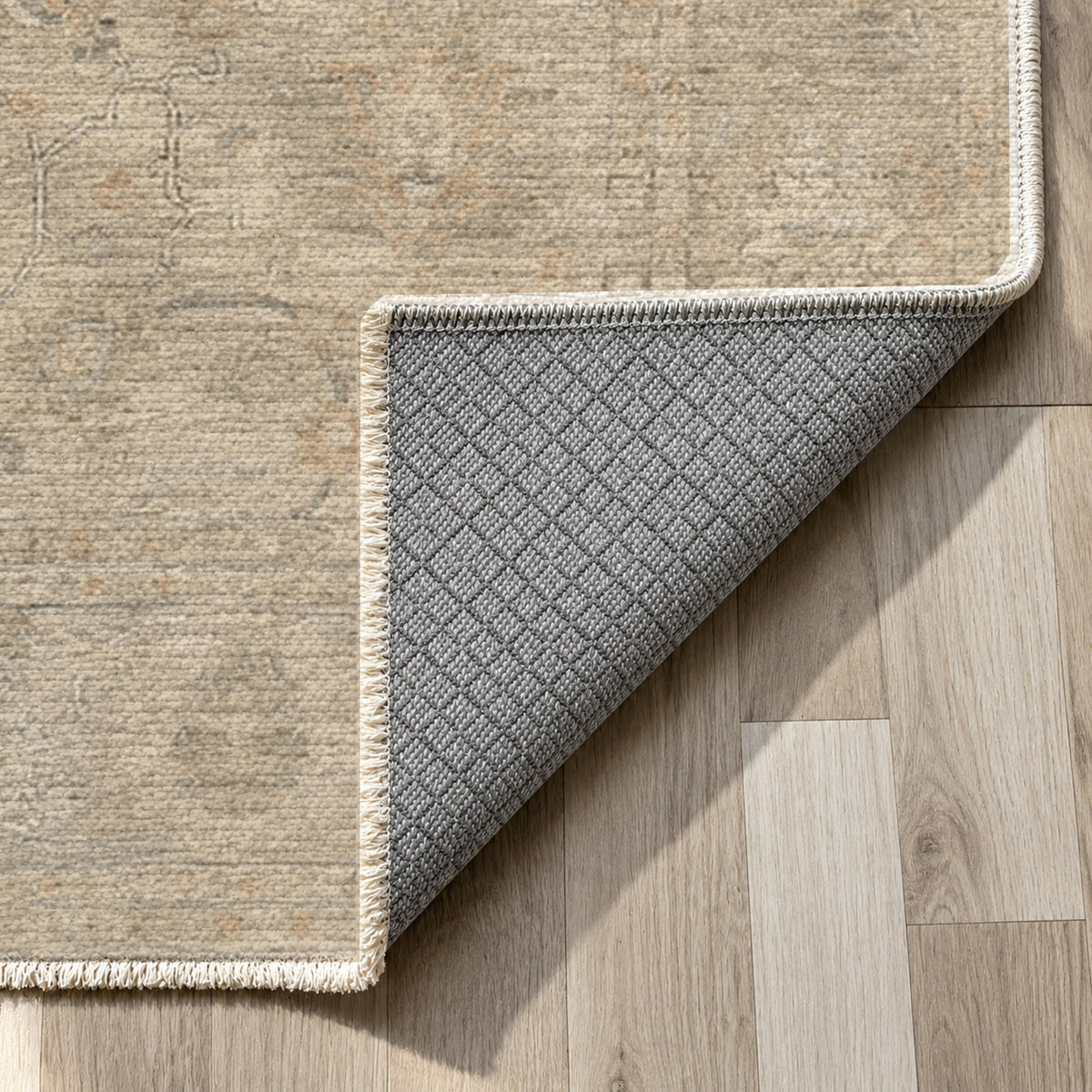 Faded Bloom Beige Vintage Washable Rug — backing close up
