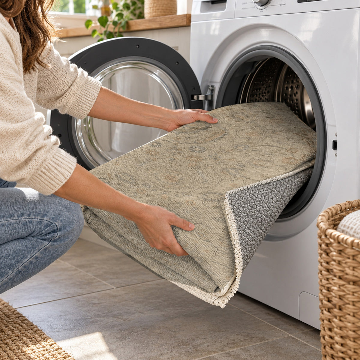 Faded Bloom Beige Vintage Washable Rug — washing machine
