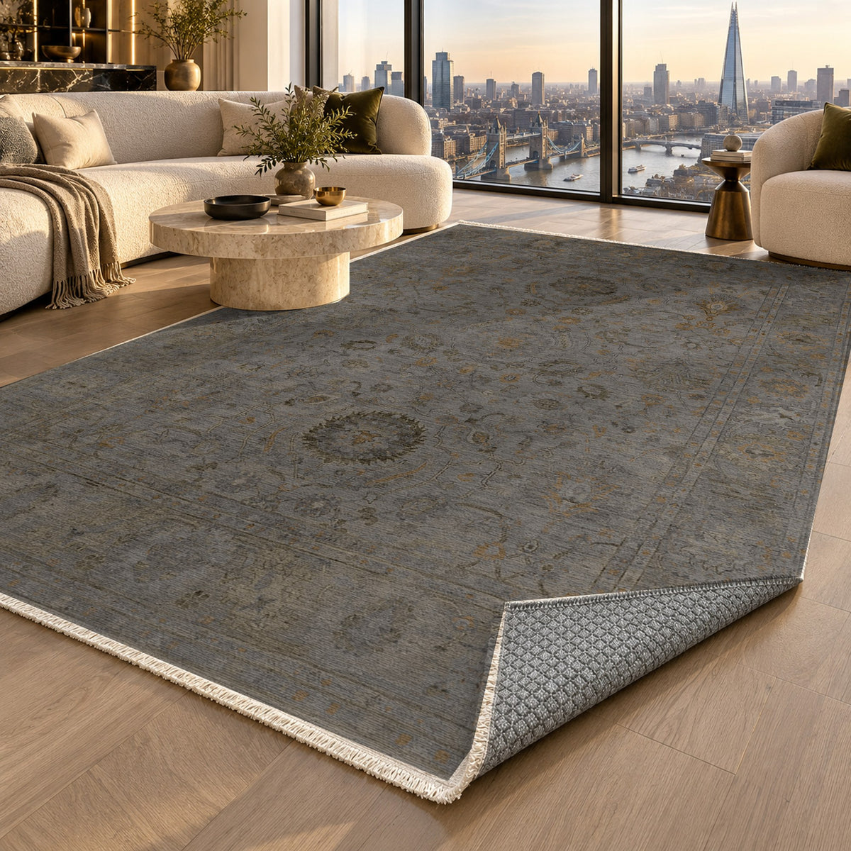 Faded Bloom Black Vintage Washable Rug — london luxury living