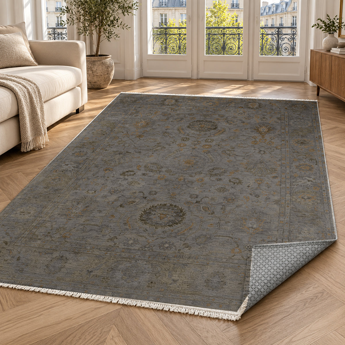 Faded Bloom Black Vintage Washable Rug — paris living