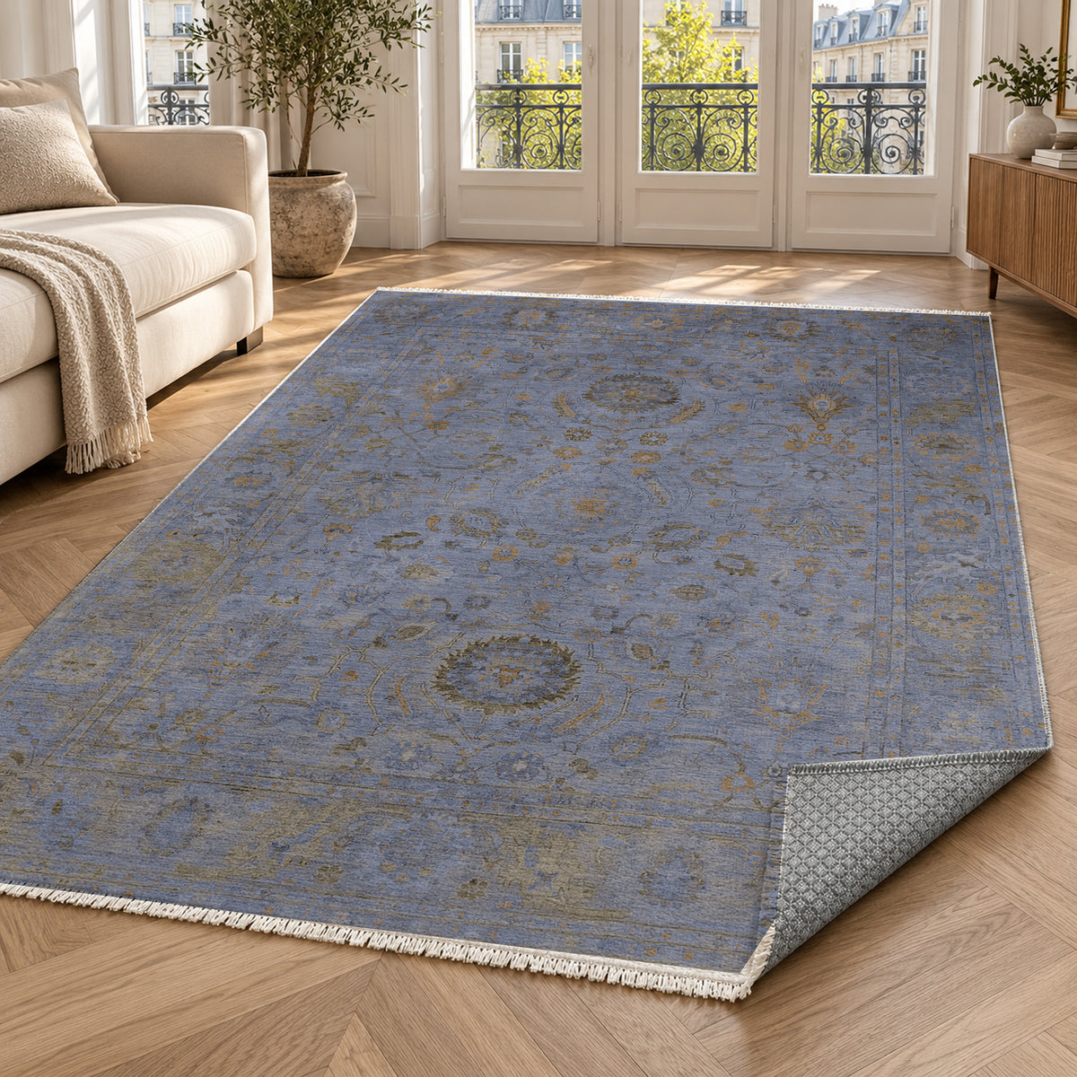 Faded Bloom Blue Vintage Washable Rug — paris living