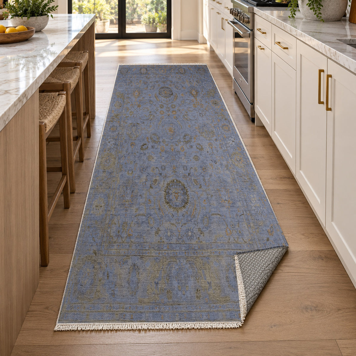 Faded Bloom Blue Vintage Washable Rug — new york kitchen runner