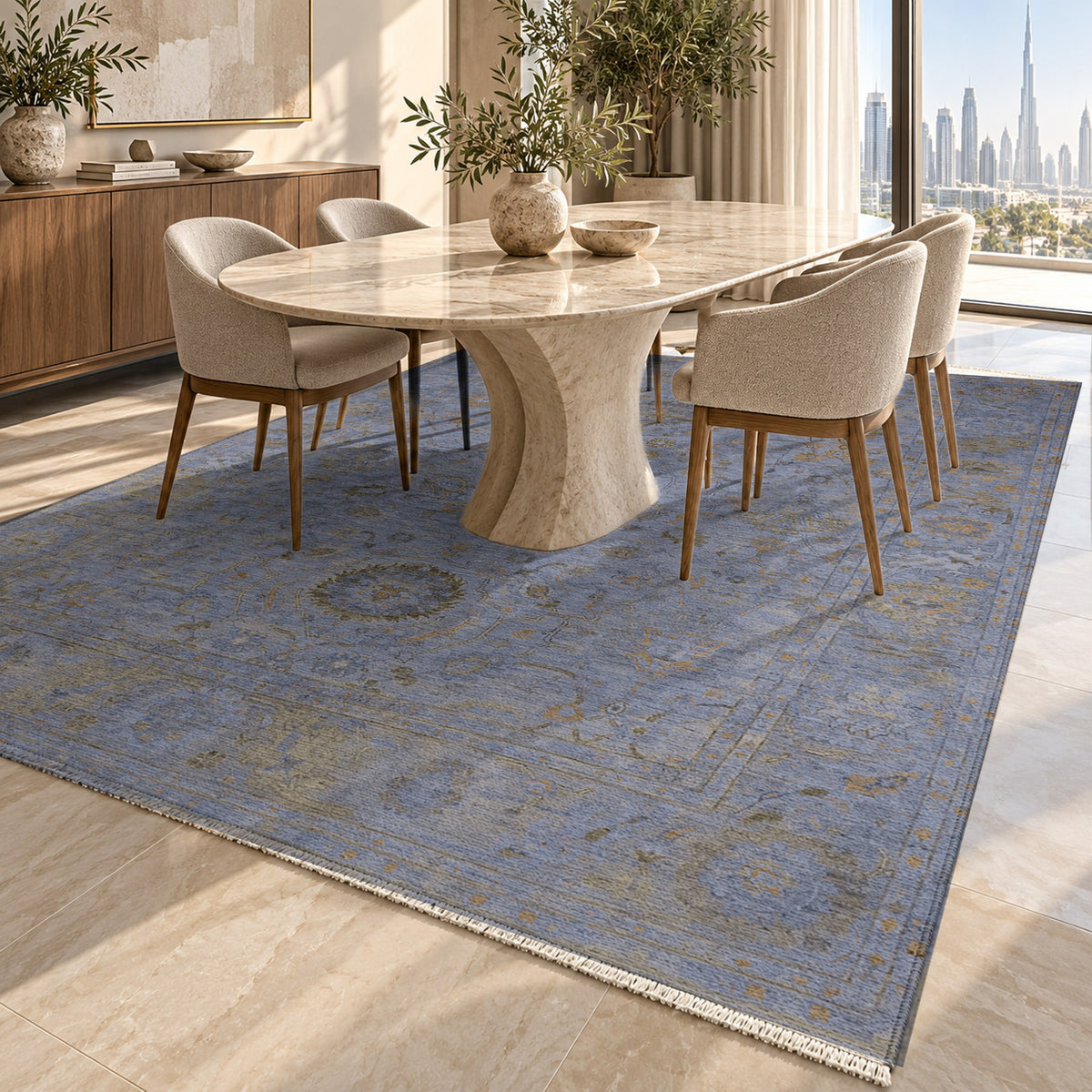 Faded Bloom Blue Vintage Washable Rug — dubai dining