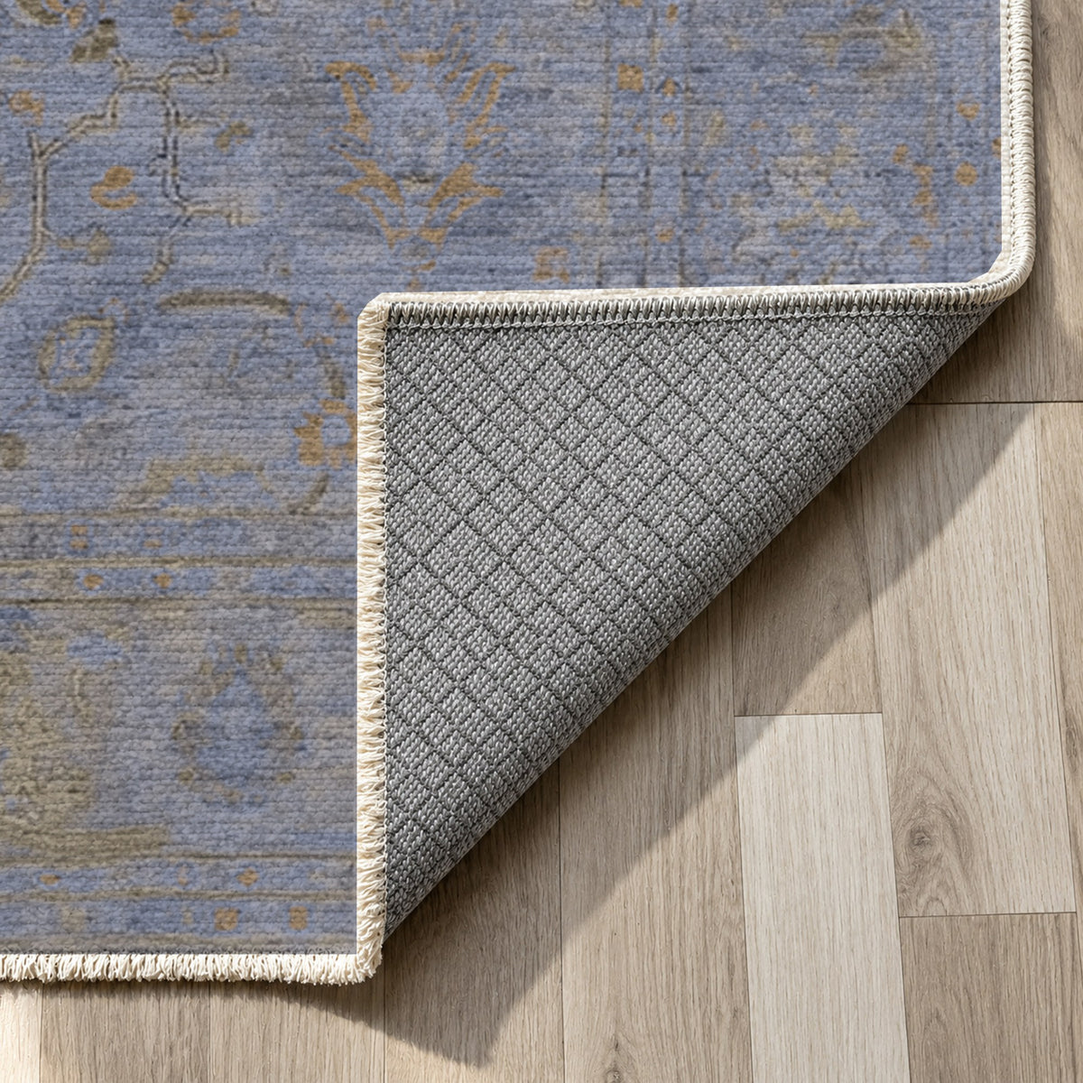 Faded Bloom Blue Vintage Washable Rug — backing close up