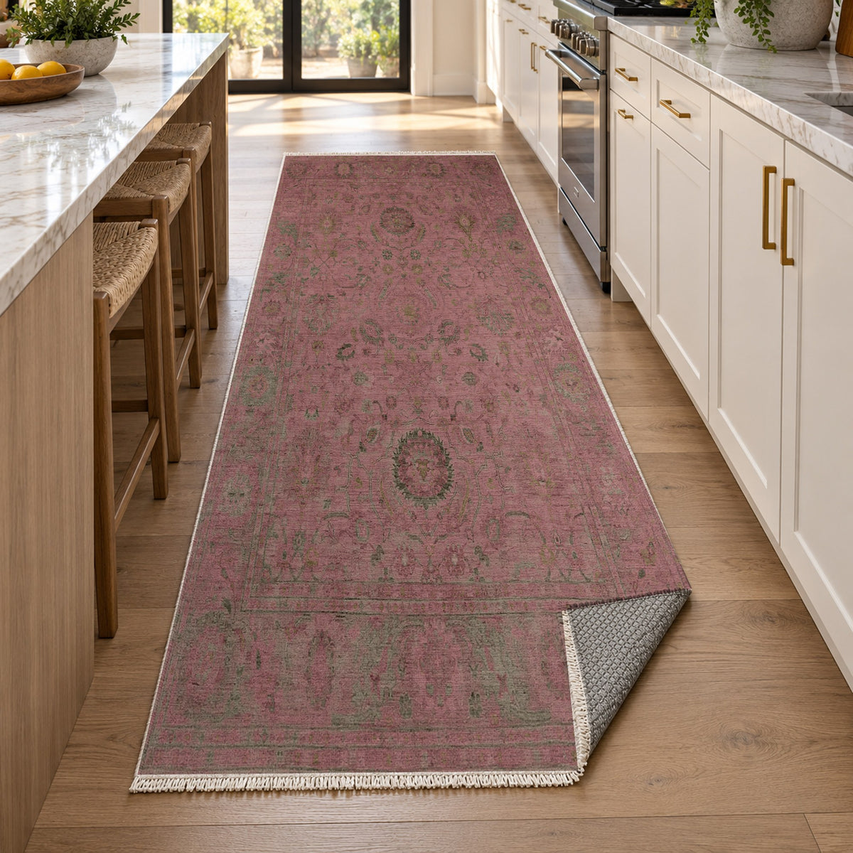 Faded Bloom Burgundy Red Vintage Washable Rug — new york kitchen runner