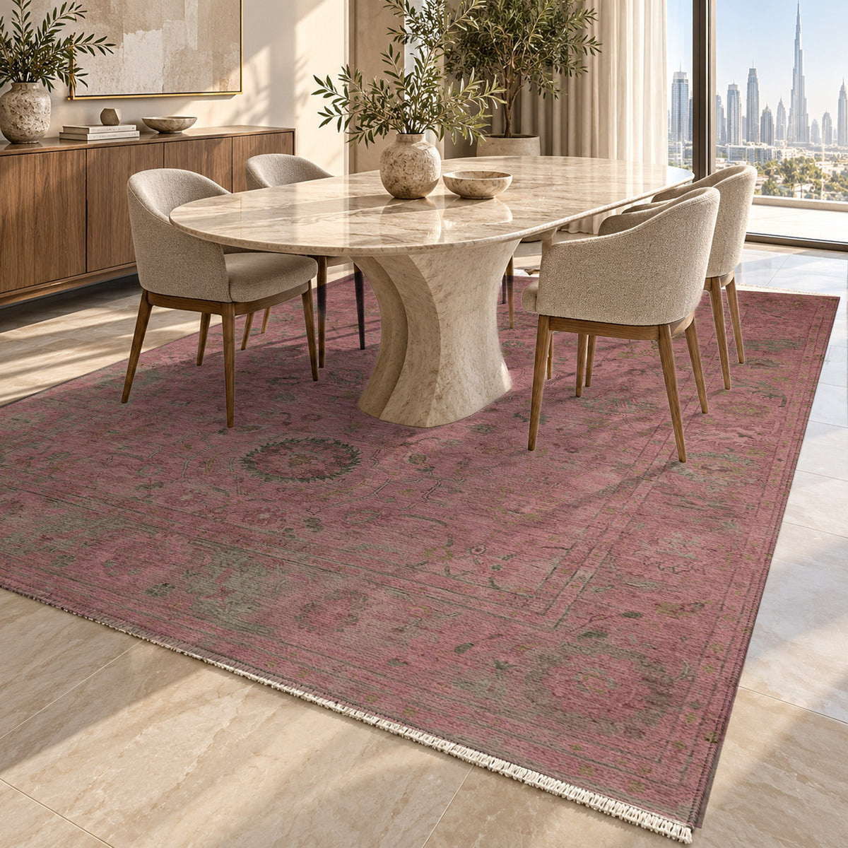 Faded Bloom Burgundy Red Vintage Washable Rug — dubai dining