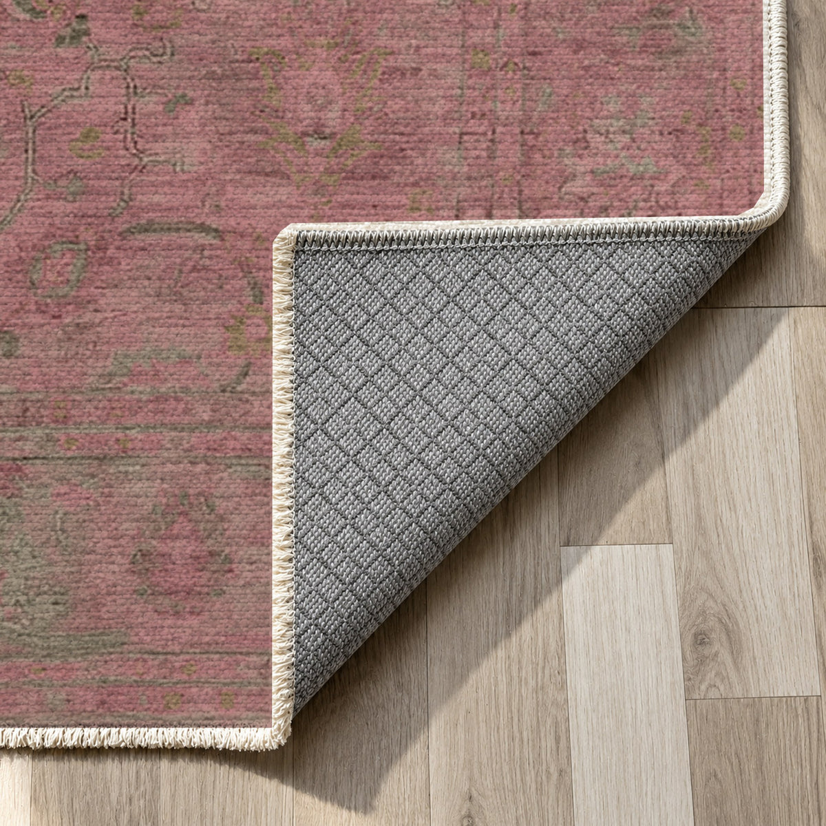 Faded Bloom Burgundy Red Vintage Washable Rug — backing close up