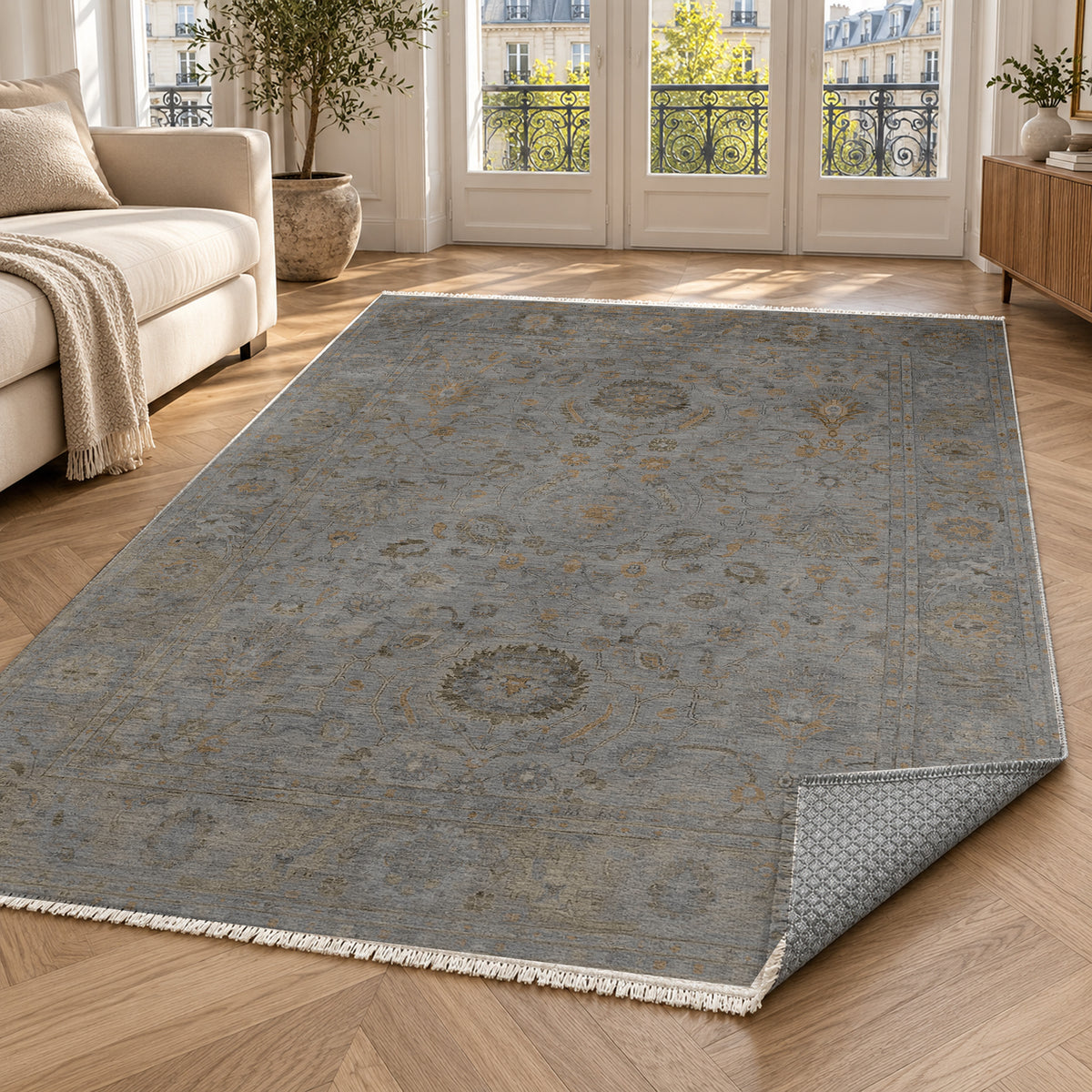Faded Bloom Charcoal Vintage Washable Rug — paris living