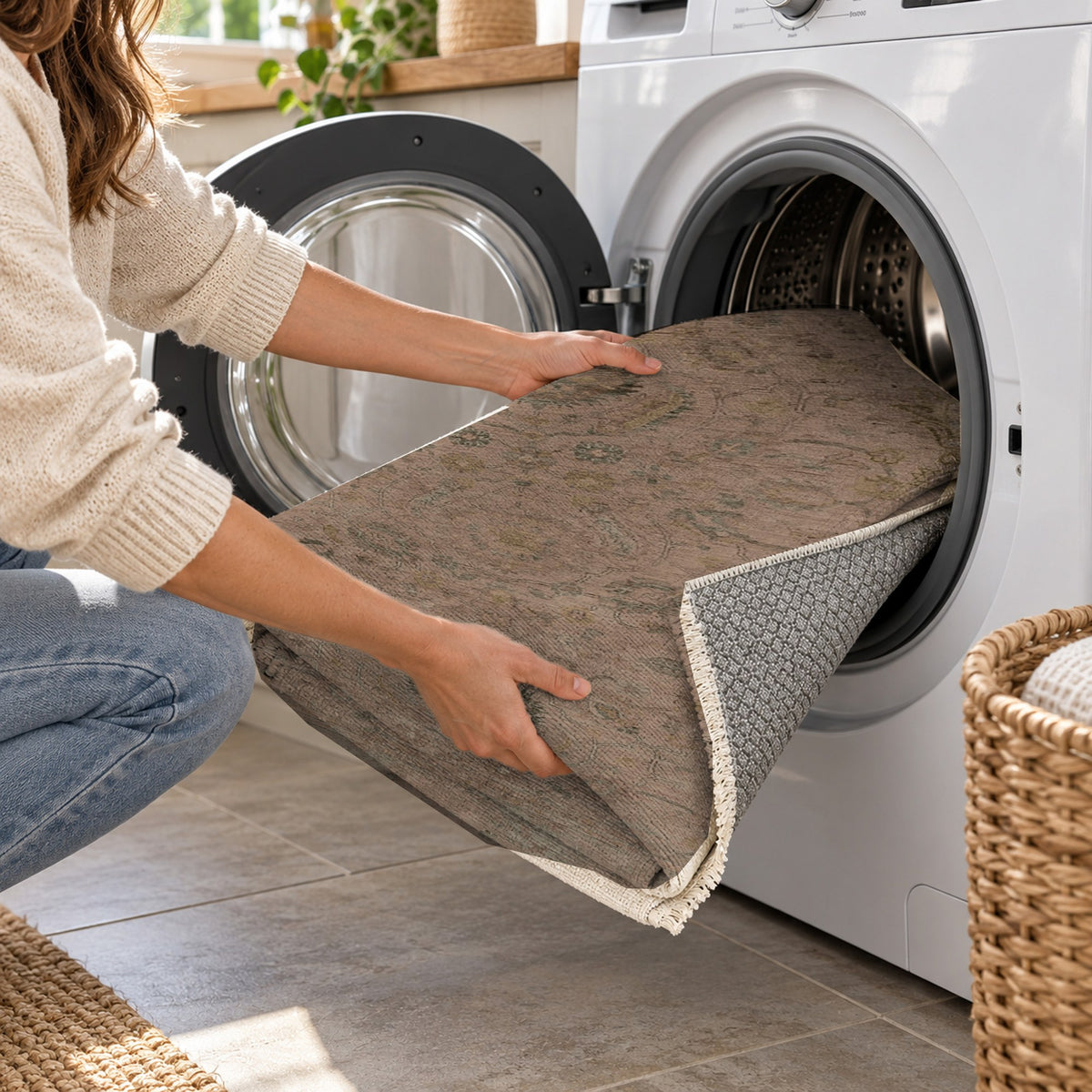 Faded Bloom Chocolate Vintage Washable Rug — washing machine