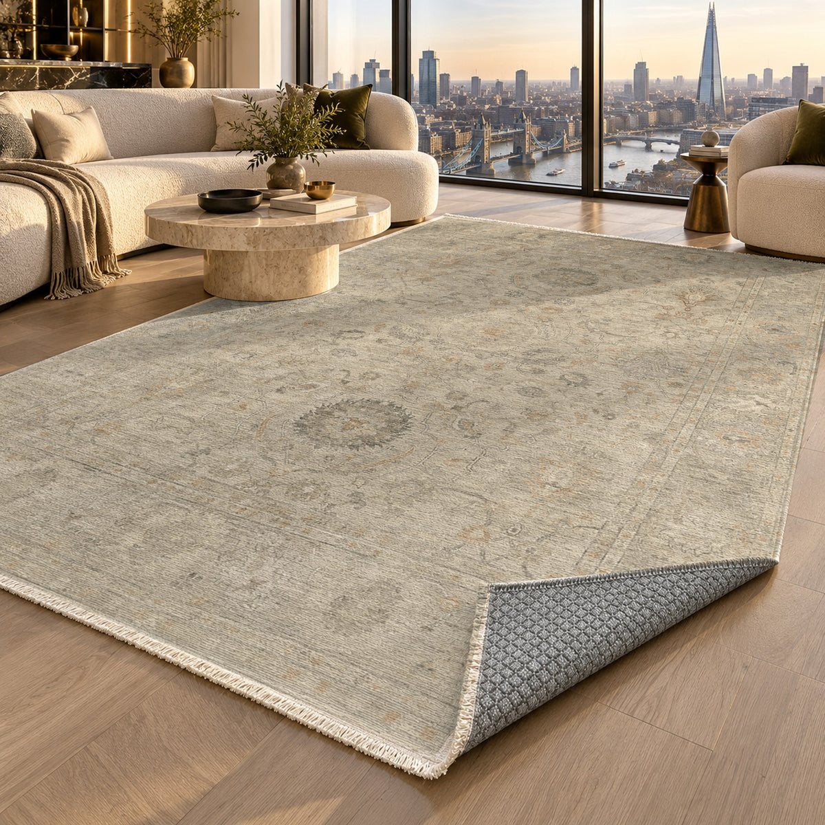 Faded Bloom Cream Vintage Washable Rug — london luxury living