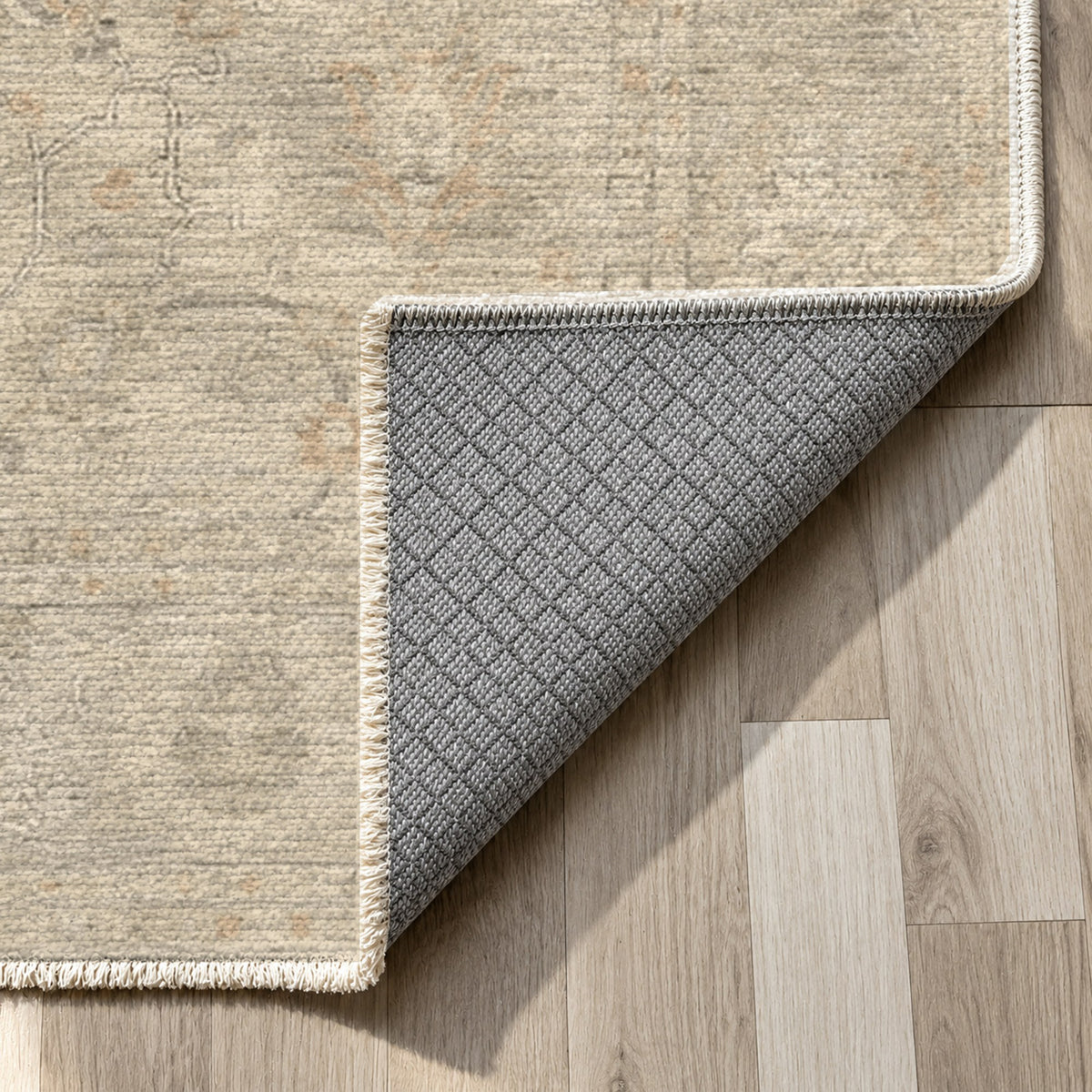 Faded Bloom Cream Vintage Washable Rug — backing close up