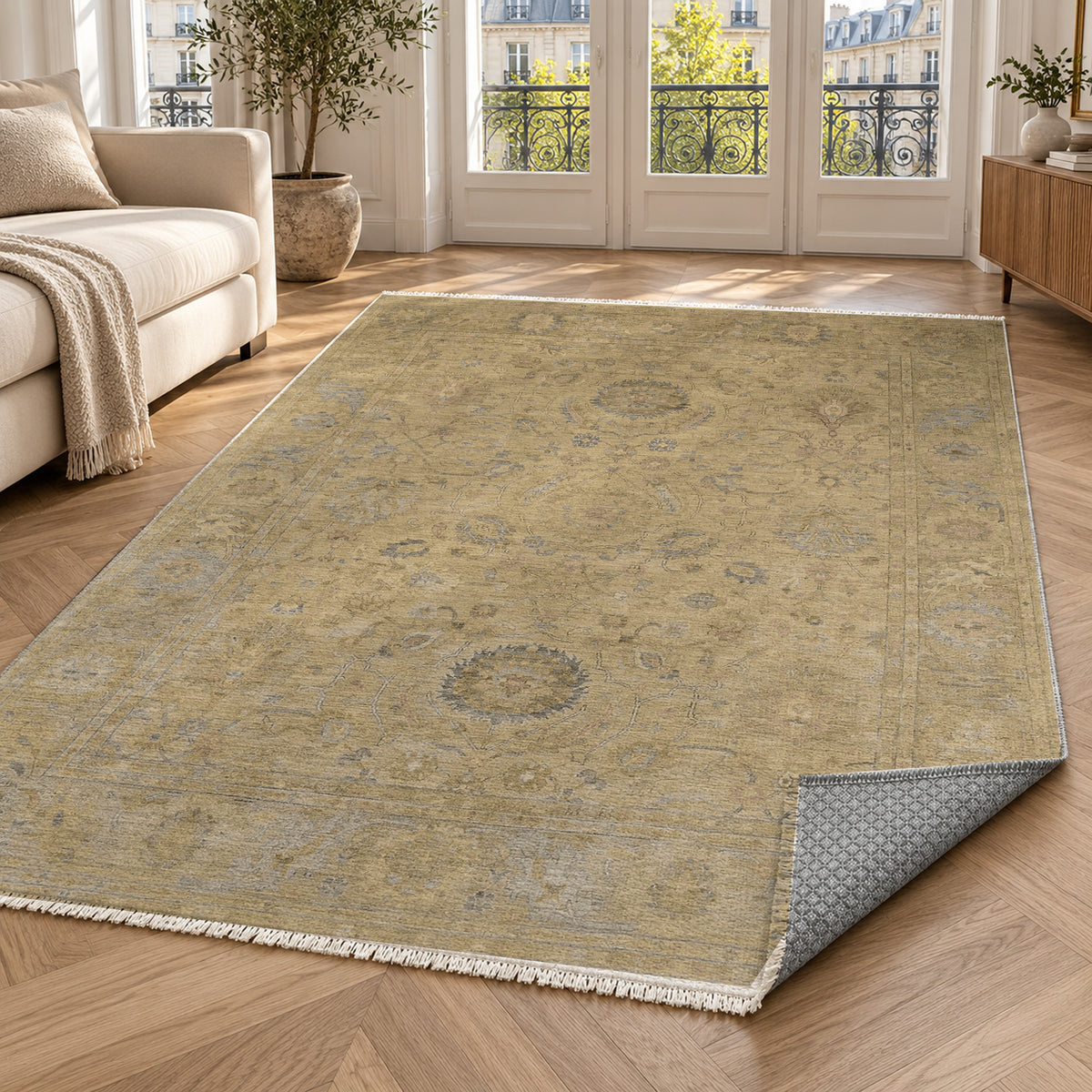 Faded Bloom Muted Gold Vintage Washable Rug — paris living
