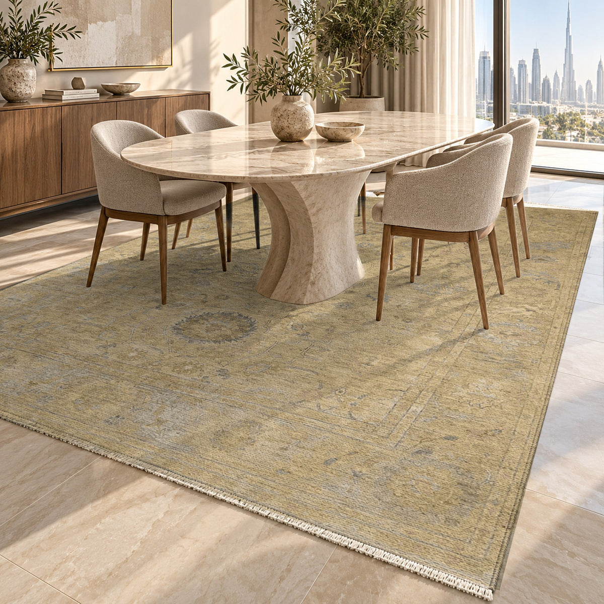 Faded Bloom Muted Gold Vintage Washable Rug — dubai dining