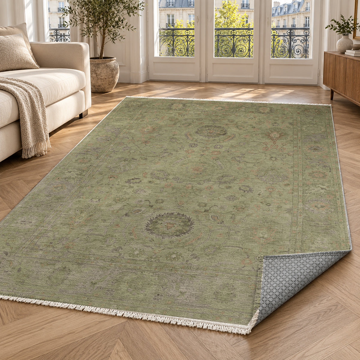 Faded Bloom Olive Vintage Washable Rug — paris living