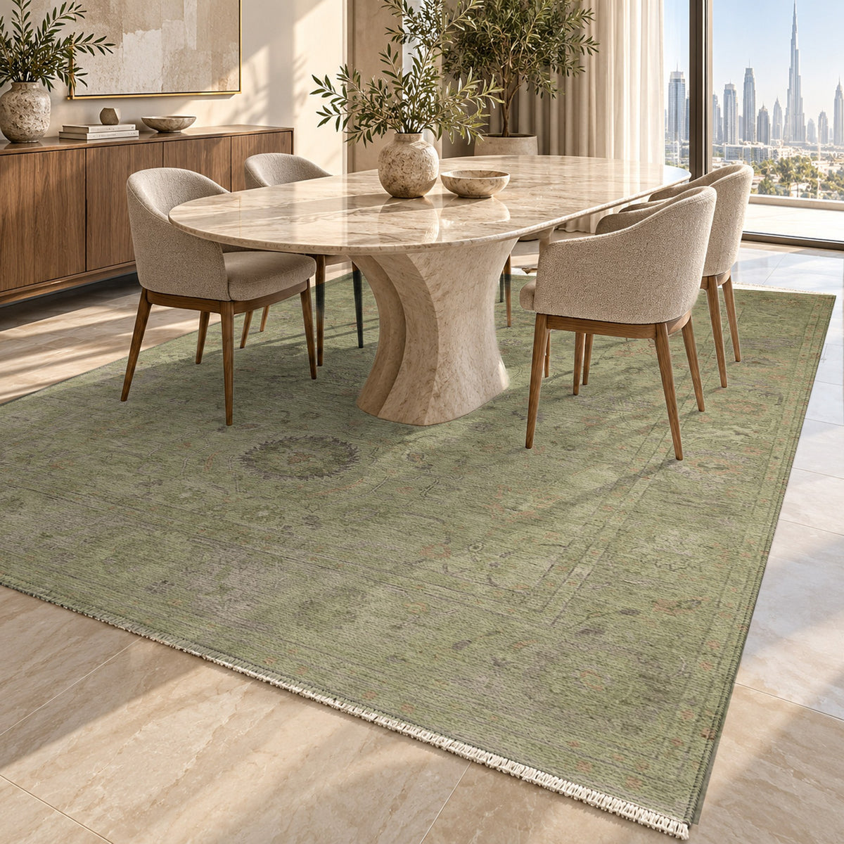 Faded Bloom Olive Vintage Washable Rug — dubai dining