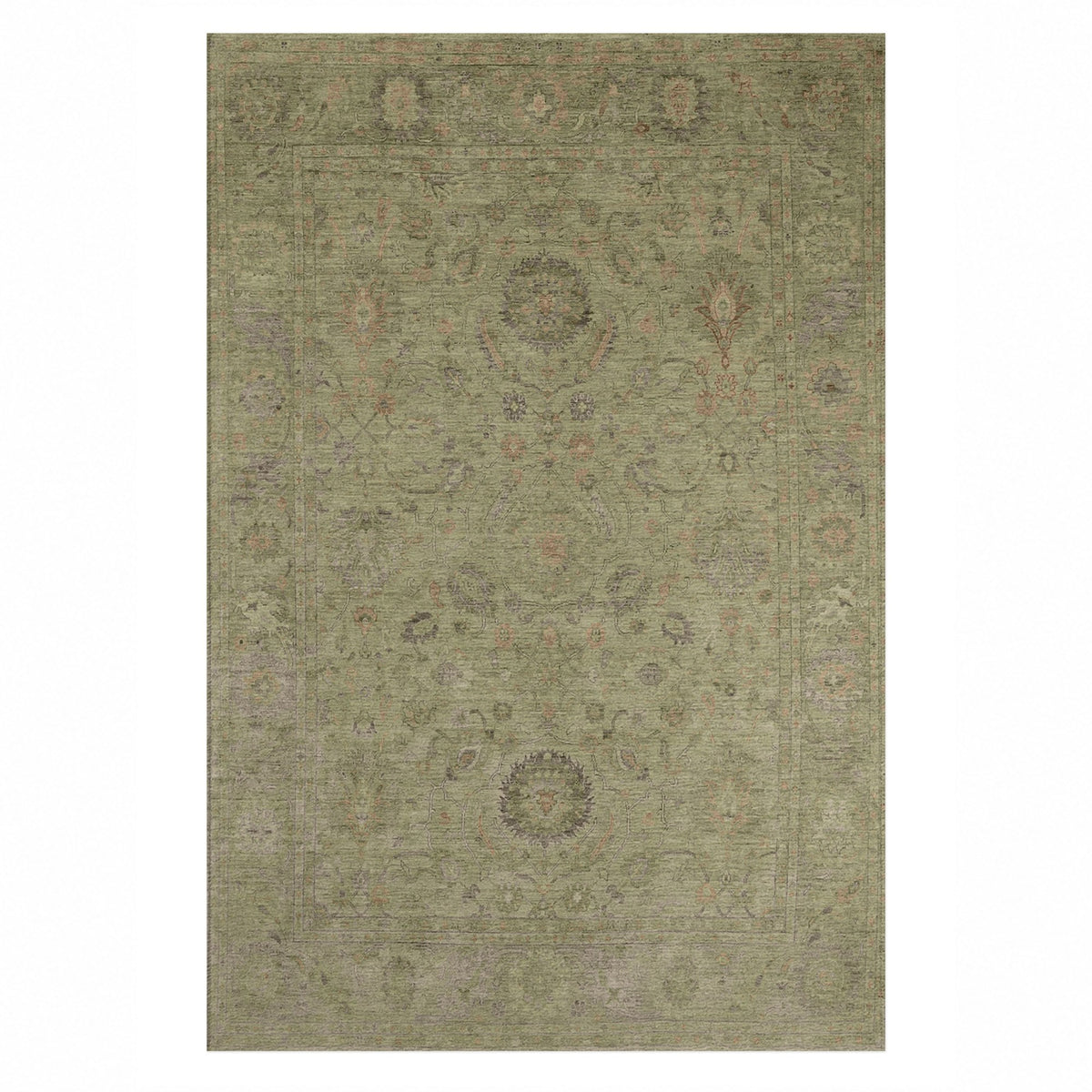Faded Bloom Olive Vintage Washable Rug — top view