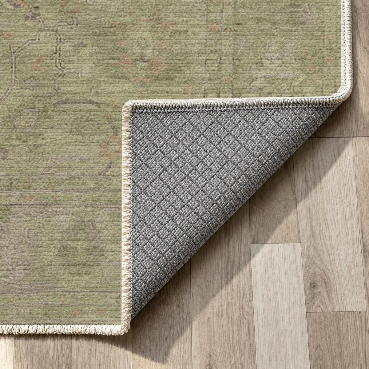 Faded Bloom Olive Vintage Washable Rug — backing close up