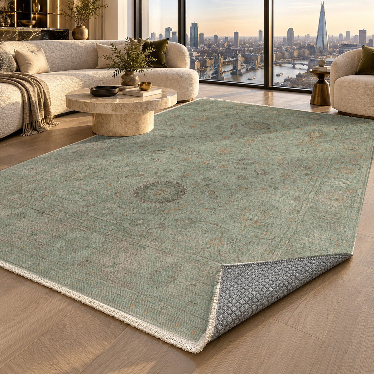 Faded Bloom Sage Vintage Washable Rug — london luxury living