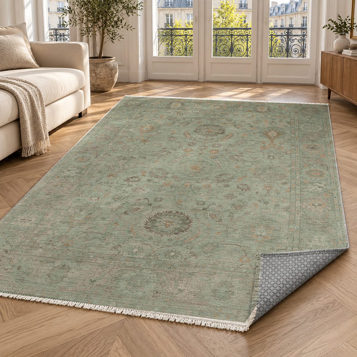 Faded Bloom Sage Vintage Washable Rug — paris living