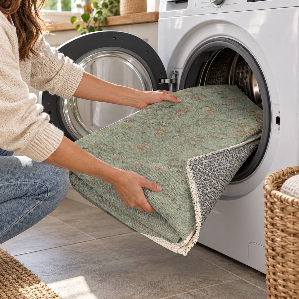 Faded Bloom Sage Vintage Washable Rug — washing machine