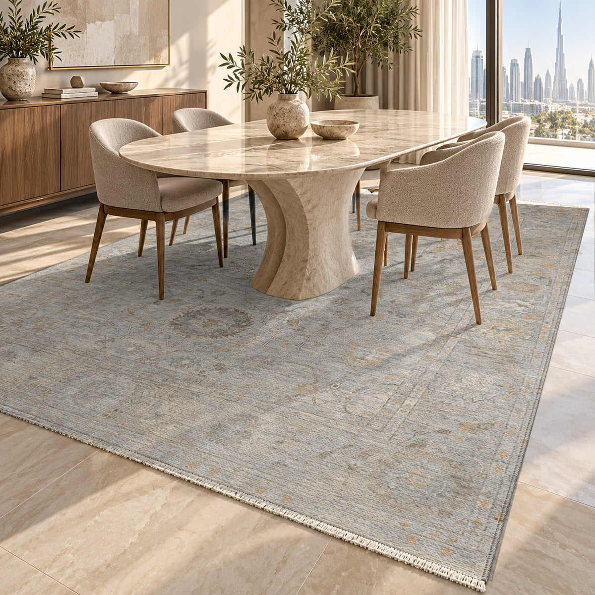Faded Bloom Silver Grey Vintage Washable Rug — dubai dining