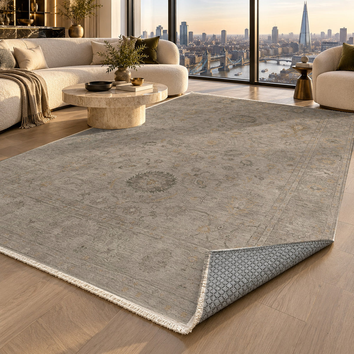 Faded Bloom Taupe Vintage Washable Rug — london luxury living