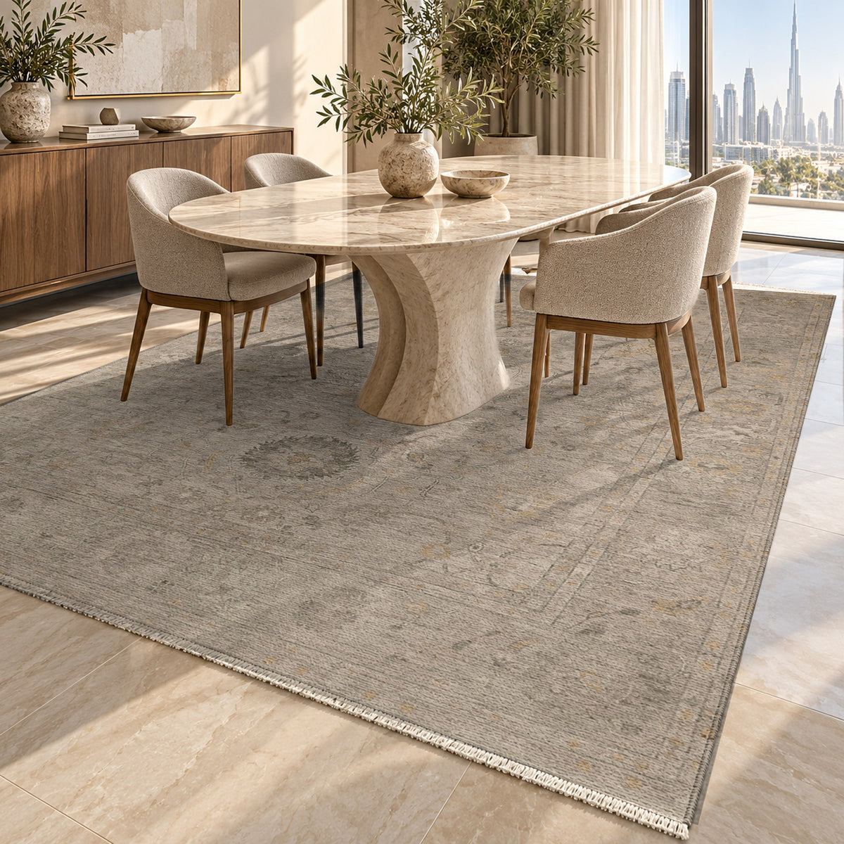Faded Bloom Taupe Vintage Washable Rug — dubai dining