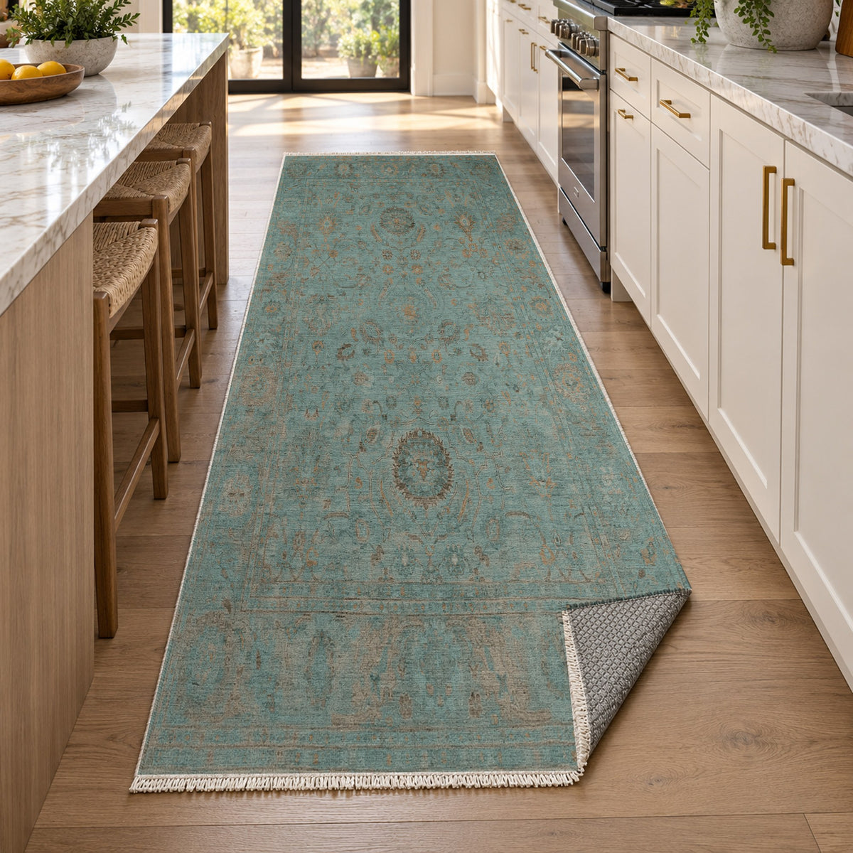 Faded Bloom Teal Vintage Washable Rug — new york kitchen runner