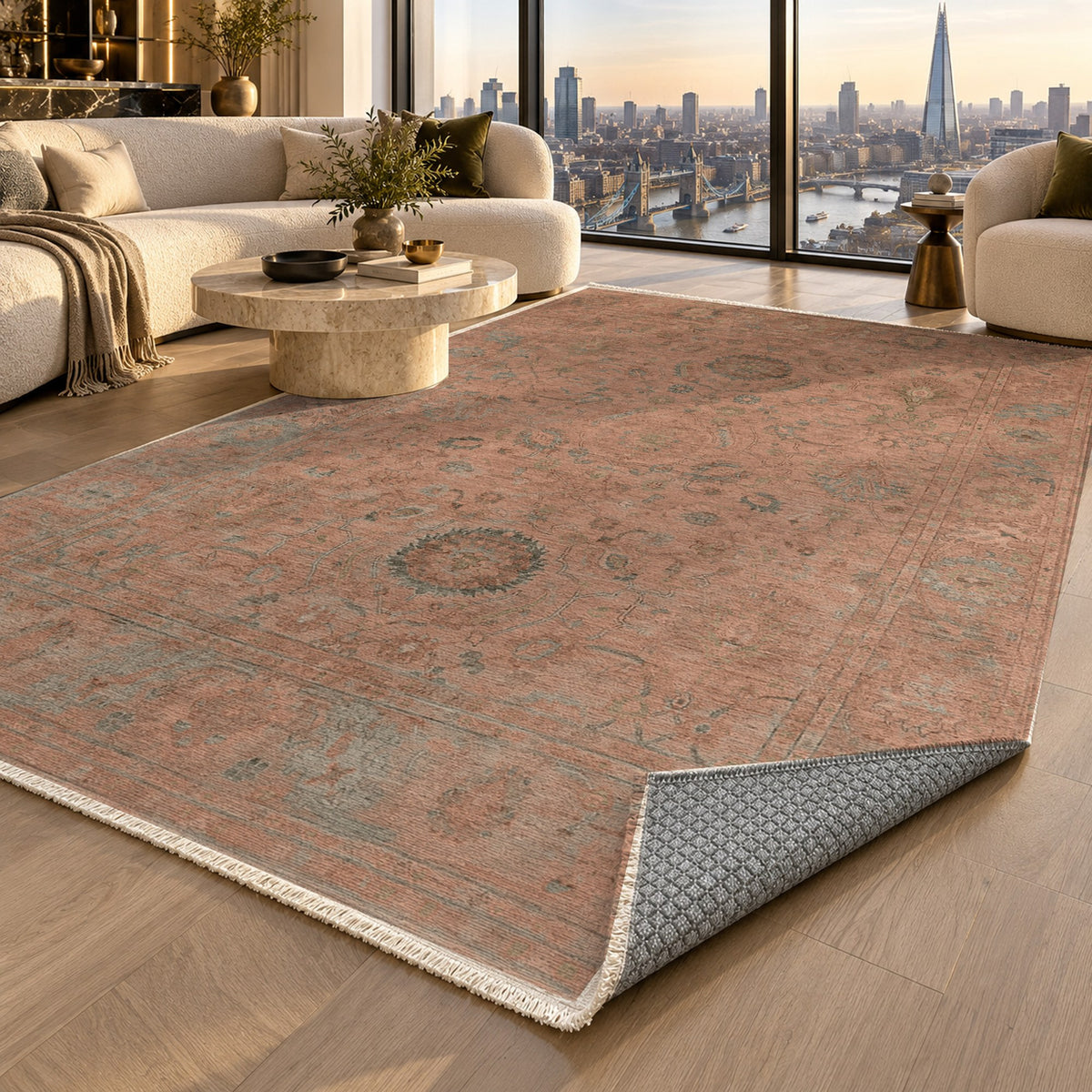 Faded Bloom Terracotta Vintage Washable Rug — london luxury living