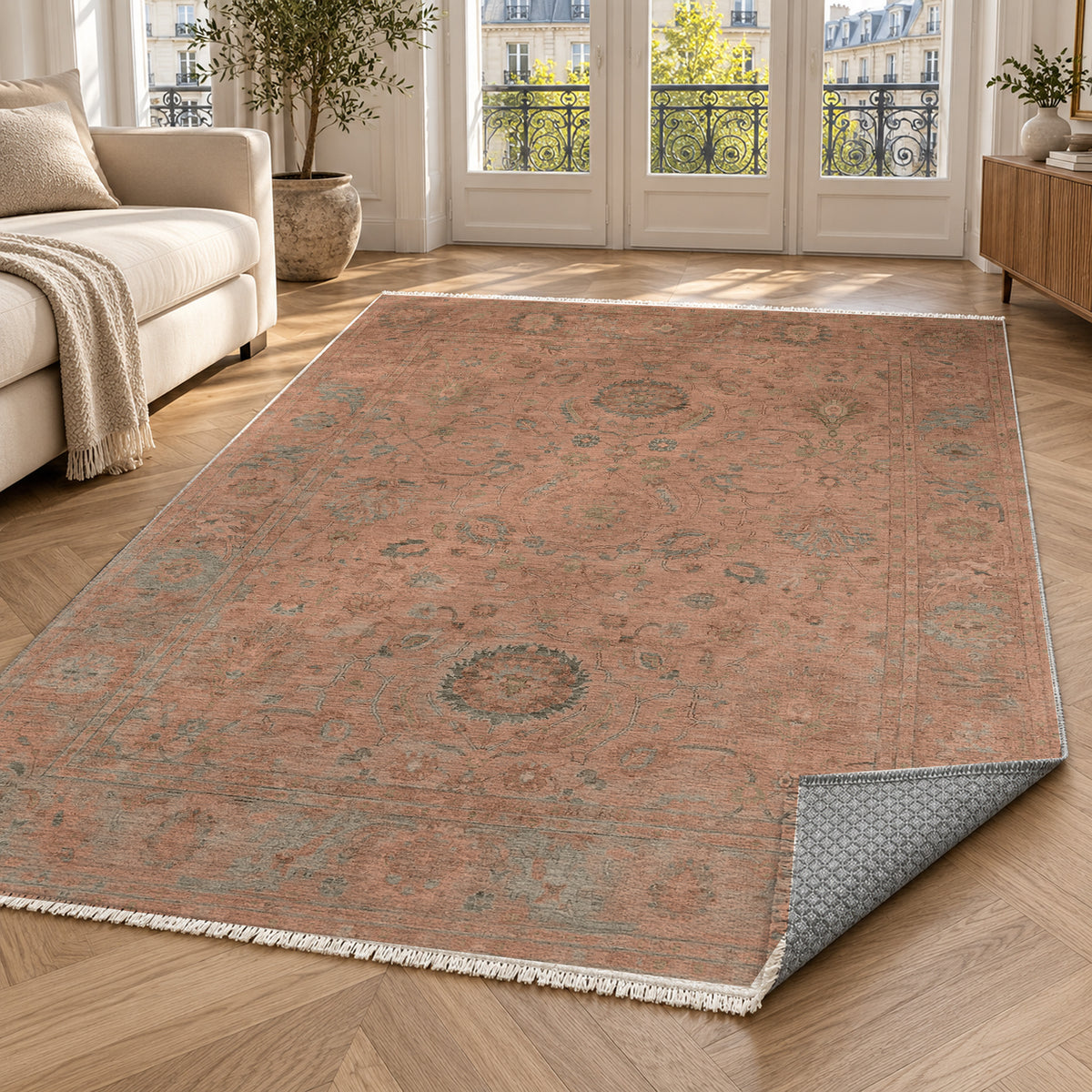 Faded Bloom Terracotta Vintage Washable Rug — paris living
