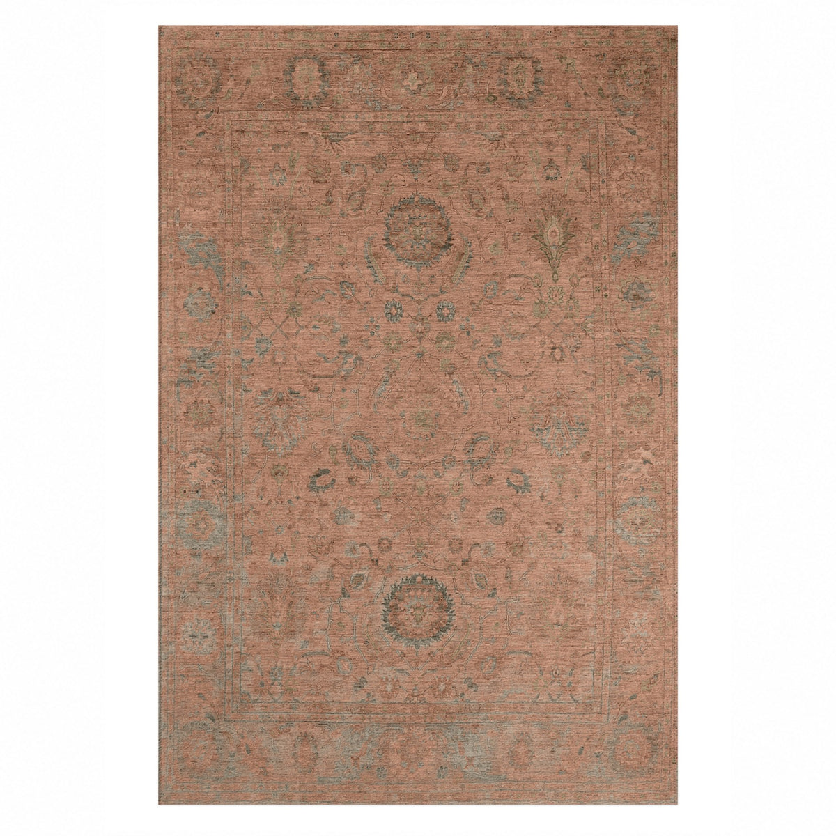 Faded Bloom Terracotta Vintage Washable Rug — top view