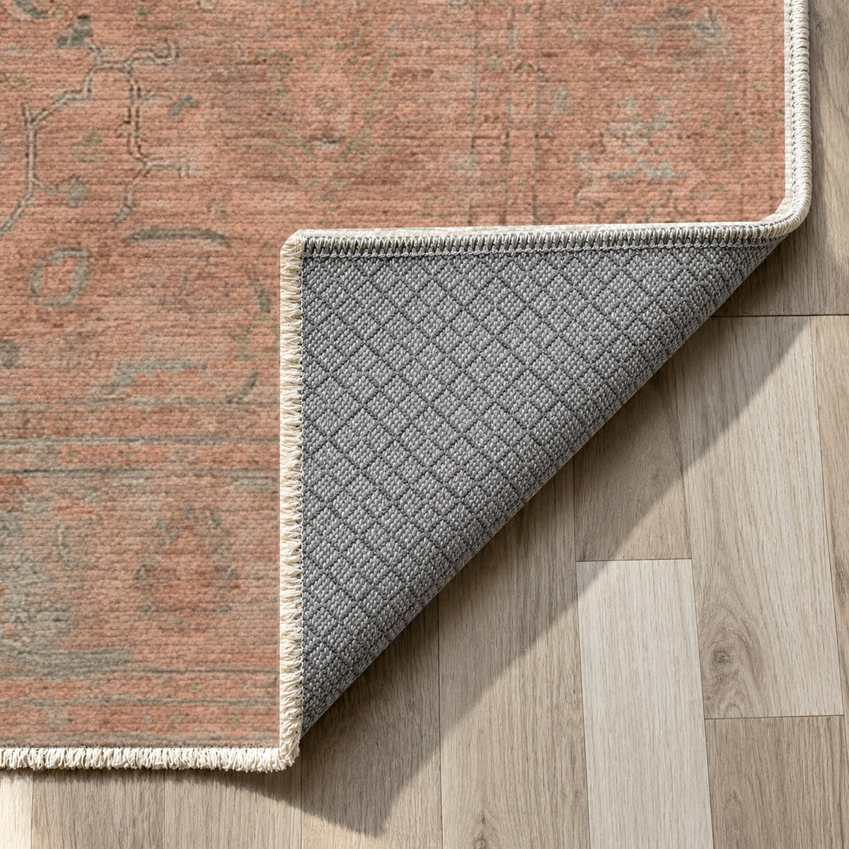 Faded Bloom Terracotta Vintage Washable Rug — backing close up