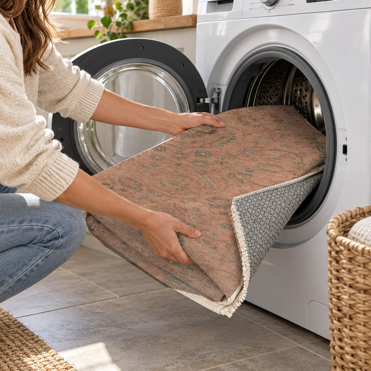 Faded Bloom Terracotta Vintage Washable Rug — washing machine