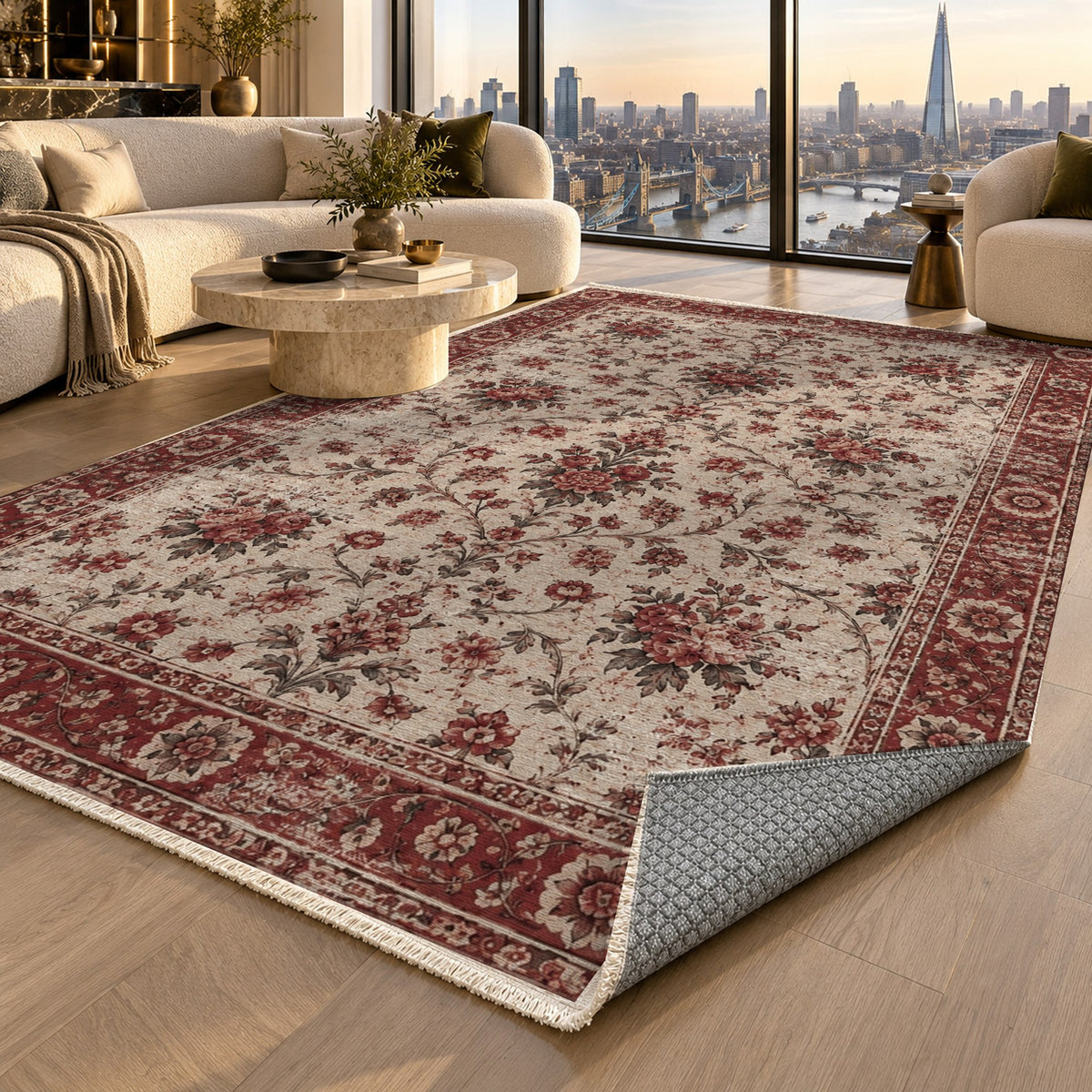 Faded Bouquet Burgundy Red Vintage Washable Rug — london luxury living
