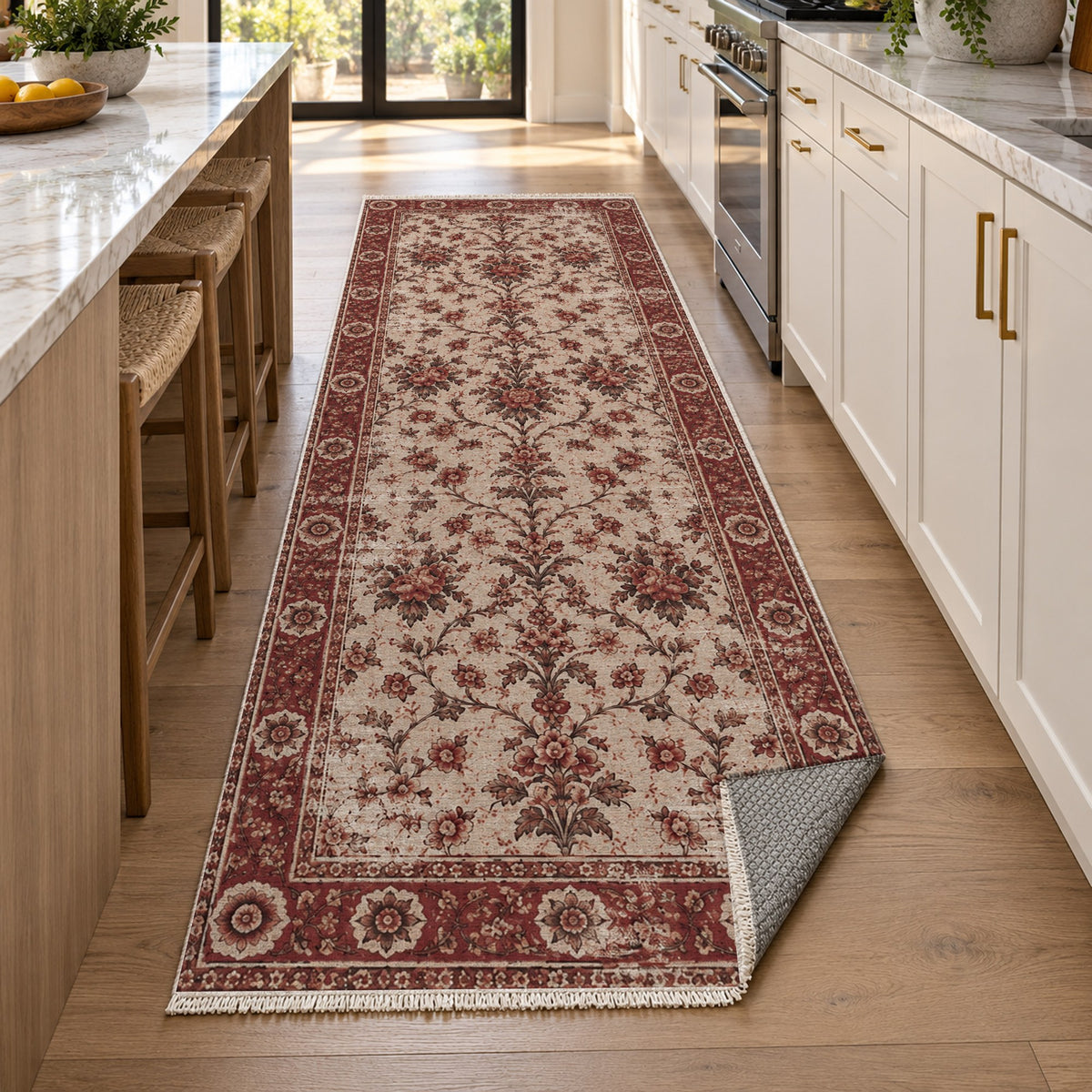 Faded Bouquet Burgundy Red Vintage Washable Rug — new york kitchen runner