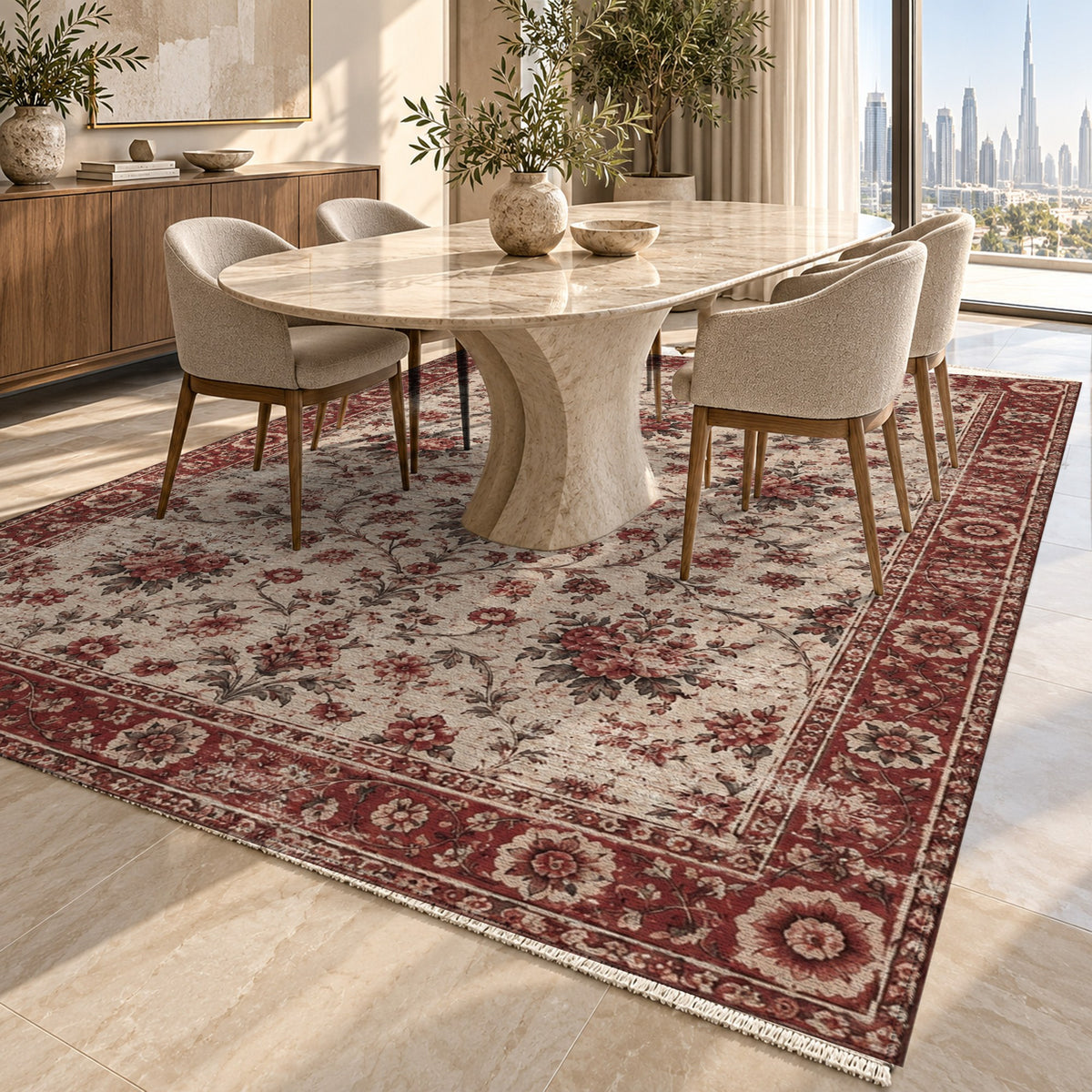 Faded Bouquet Burgundy Red Vintage Washable Rug — dubai dining