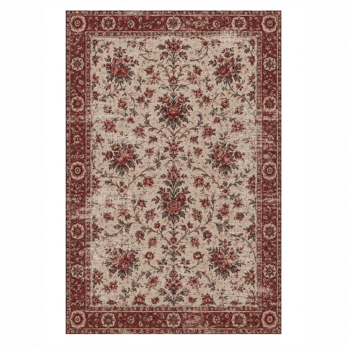 Faded Bouquet Burgundy Red Vintage Washable Rug — top view