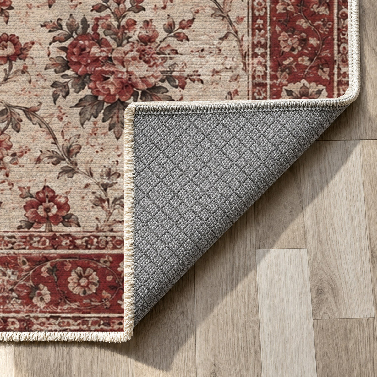 Faded Bouquet Burgundy Red Vintage Washable Rug — backing close up